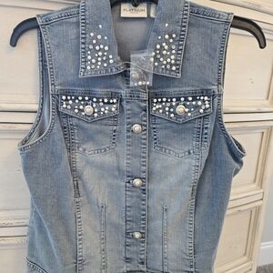 Chico's Platinum Denim Vest with Pearl Details
